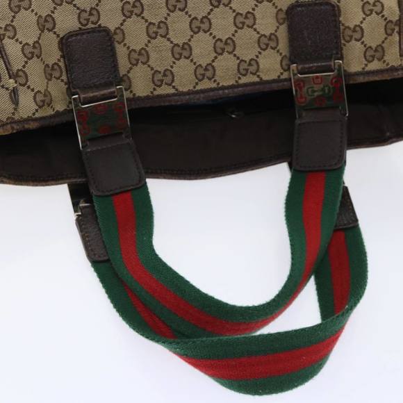 GUCCI GG Canvas Web Sherry Line Hand Bag Canvas Leather Beige Green Auth 53681 - Picture 8 of 16